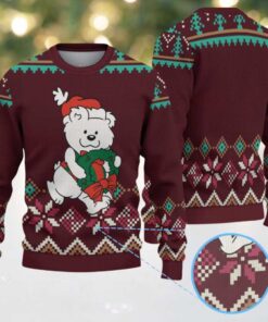 Burgundy & Green Polar Bear with Christmas Wreath Snowflake Pattern – Vintage Ugly Christmas Sweater