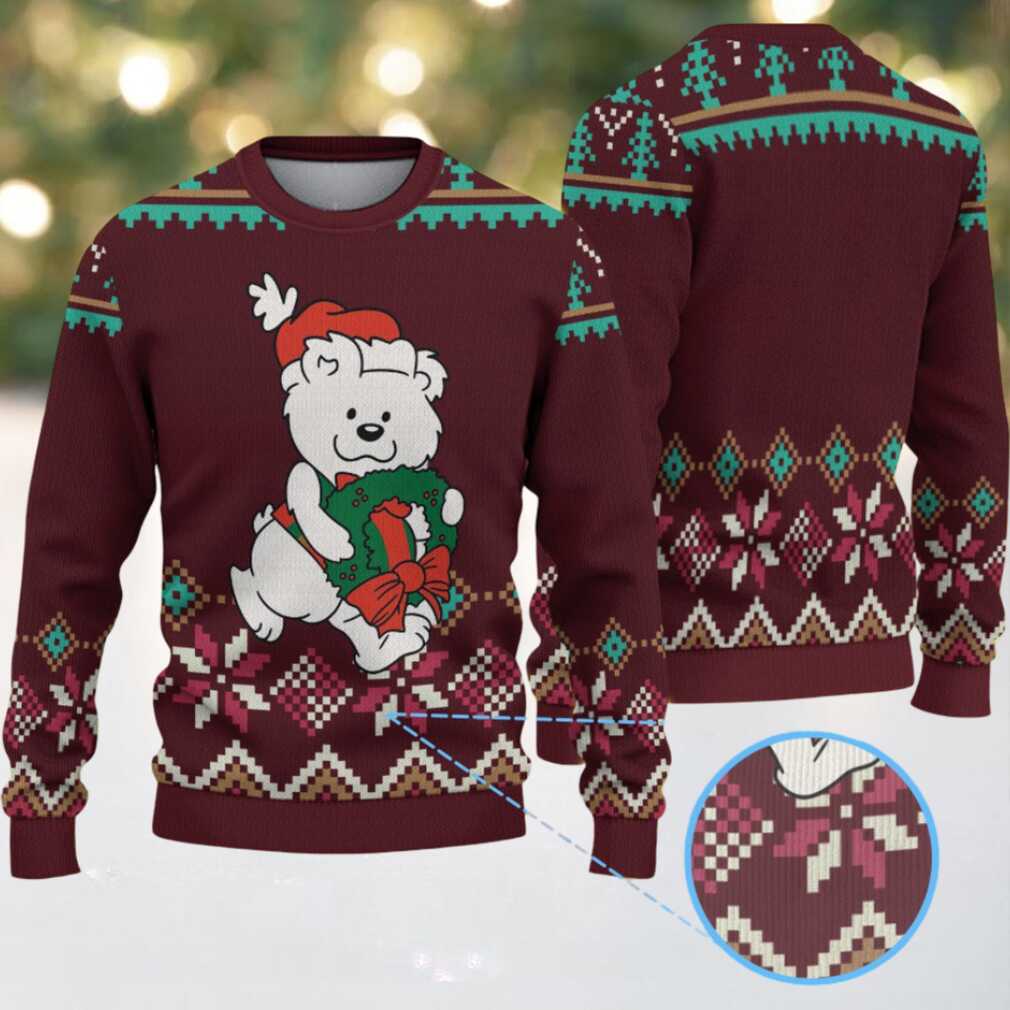 Burgundy & Green Polar Bear with Christmas Wreath Snowflake Pattern – Vintage Ugly Christmas Sweater Burgundy & Green Polar Bear with Christmas Wreath Snowflake Pattern – Vintage Ugly Christmas Sweater
