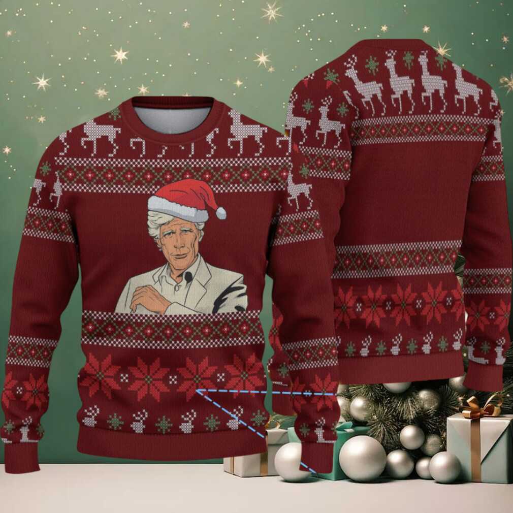 Burgundy & Red Santa Hat Man with Reindeer Snowflake Pattern – Vintage Ugly Christmas Sweater Burgundy & Red Santa Hat Man with Reindeer Snowflake Pattern – Vintage Ugly Christmas Sweater