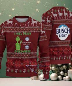 Burgundy Reindeer & Snowflake Knit “Busch Light Grinch Everywhere” Ugly Christmas Sweater