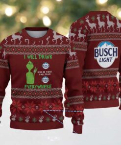 Burgundy Reindeer & Snowflake Knit “Busch Light Grinch Everywhere” Ugly Christmas Sweater