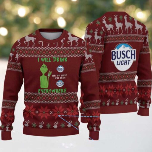 Burgundy Reindeer & Snowflake Knit “Busch Light Grinch Everywhere” Ugly Christmas Sweater