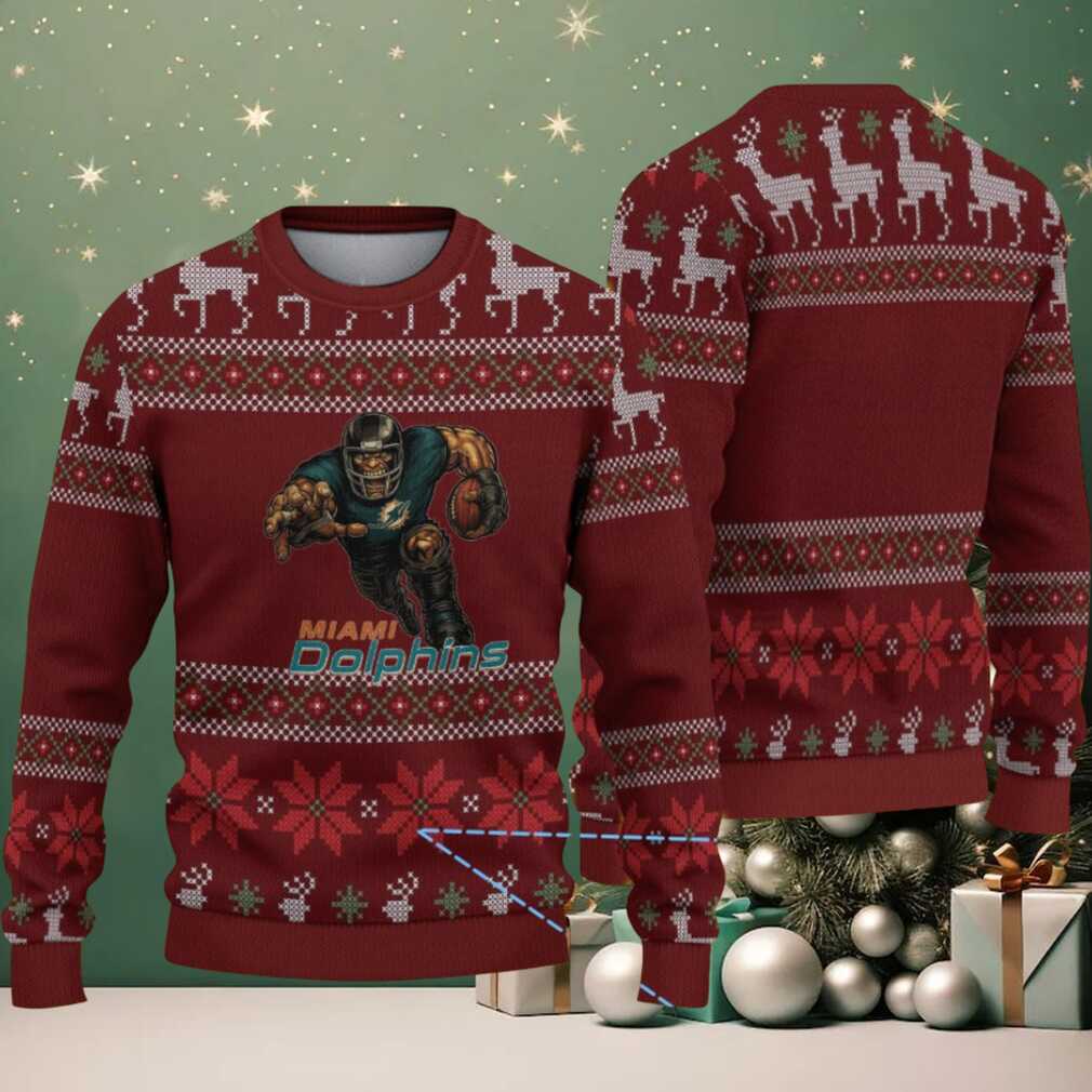 Burgundy Reindeer Snowflake Knit “Miami Dolphins Football Player” Ugly Christmas Sweater Burgundy Reindeer Snowflake Knit “Miami Dolphins Football Player” Ugly Christmas Sweater