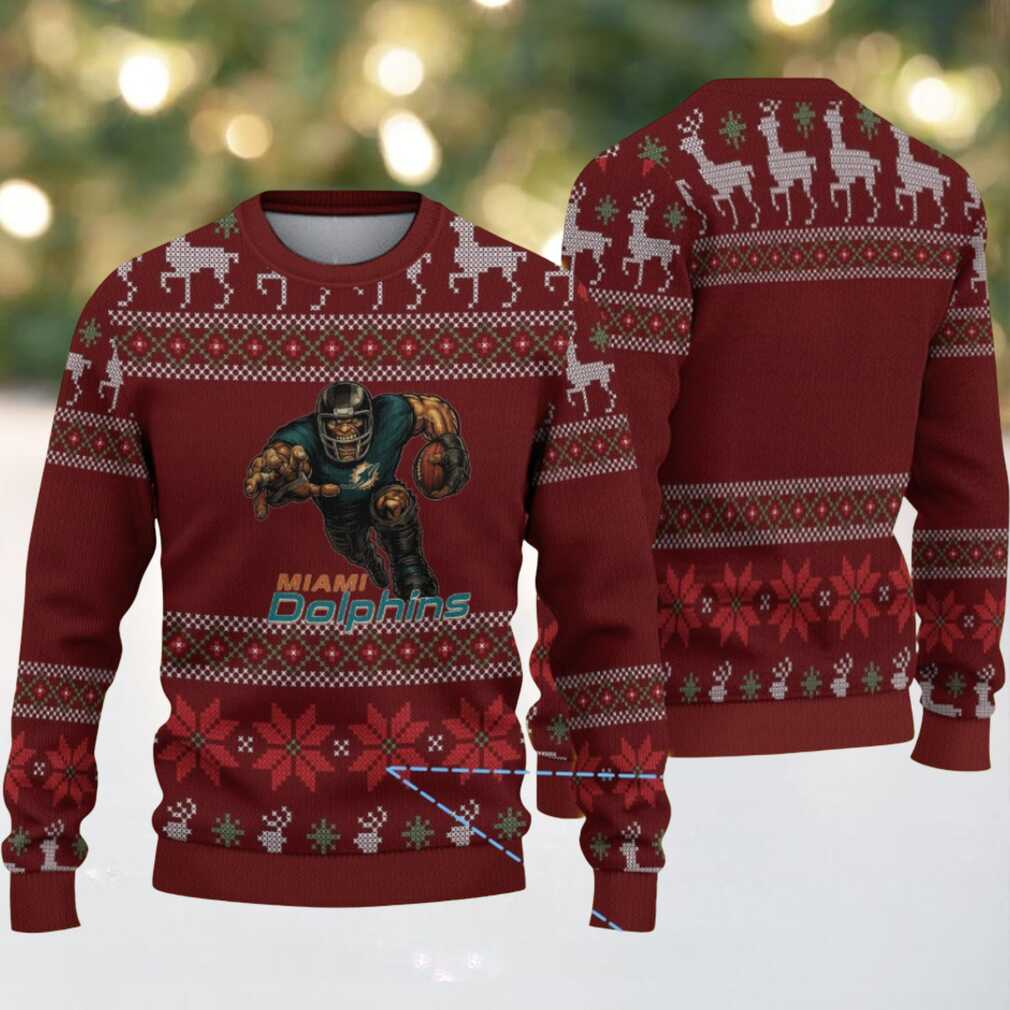 Burgundy Reindeer Snowflake Knit “Miami Dolphins Football Player” Ugly Christmas Sweater Burgundy Reindeer Snowflake Knit “Miami Dolphins Football Player” Ugly Christmas Sweater