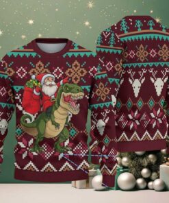 Burgundy Ugly Christmas Sweater with Geometric Reindeer Pattern Featuring Santa Riding Dinosaur