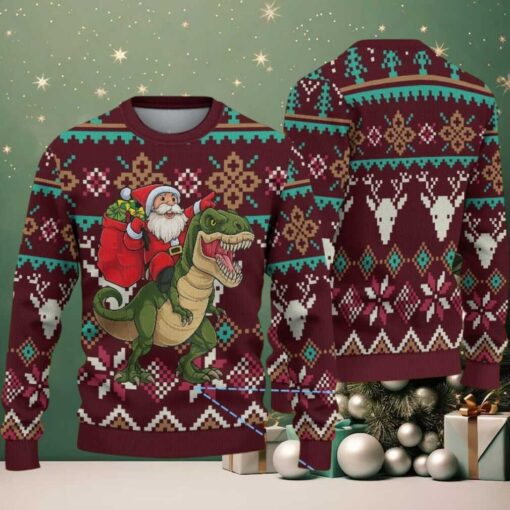 Burgundy Ugly Christmas Sweater with Geometric Reindeer Pattern Featuring Santa Riding Dinosaur