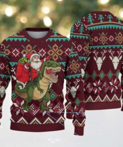 Burgundy Ugly Christmas Sweater with Geometric Reindeer Pattern Featuring Santa Riding Dinosaur