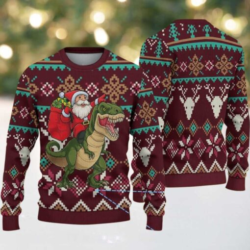 Burgundy Ugly Christmas Sweater with Geometric Reindeer Pattern Featuring Santa Riding Dinosaur