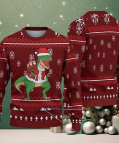 Burgundy Ugly Christmas Sweater with White Snowflake Pattern Featuring Santa Dinosaur