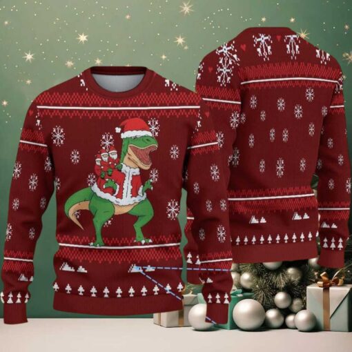 Burgundy Ugly Christmas Sweater with White Snowflake Pattern Featuring Santa Dinosaur