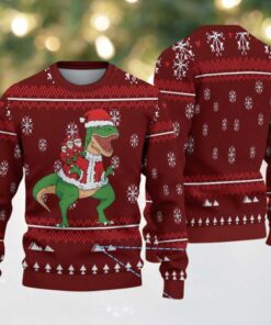 Burgundy Ugly Christmas Sweater with White Snowflake Pattern Featuring Santa Dinosaur