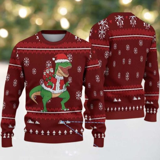 Burgundy Ugly Christmas Sweater with White Snowflake Pattern Featuring Santa Dinosaur