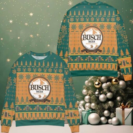 Busch Beer Product Of Usa Pine Tree Snowflake Pattern Ugly Christmas Sweater