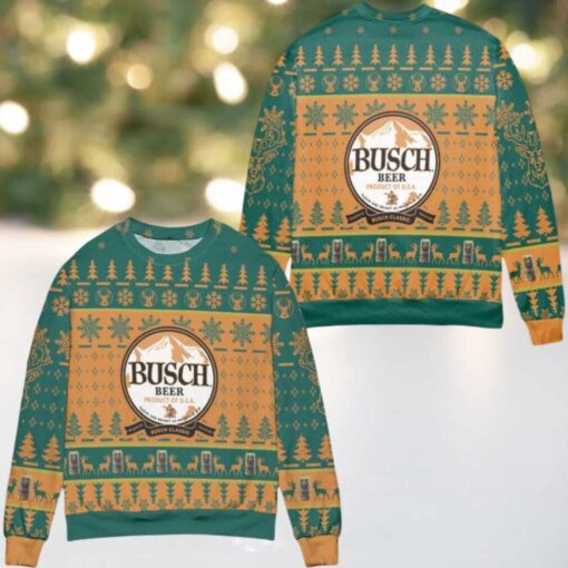 Busch Beer Product Of Usa Pine Tree Snowflake Pattern Ugly Christmas Sweater