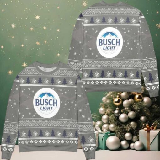 Busch Light Beer Pine Tree Snowflake Ugly Christmas Sweater Gray