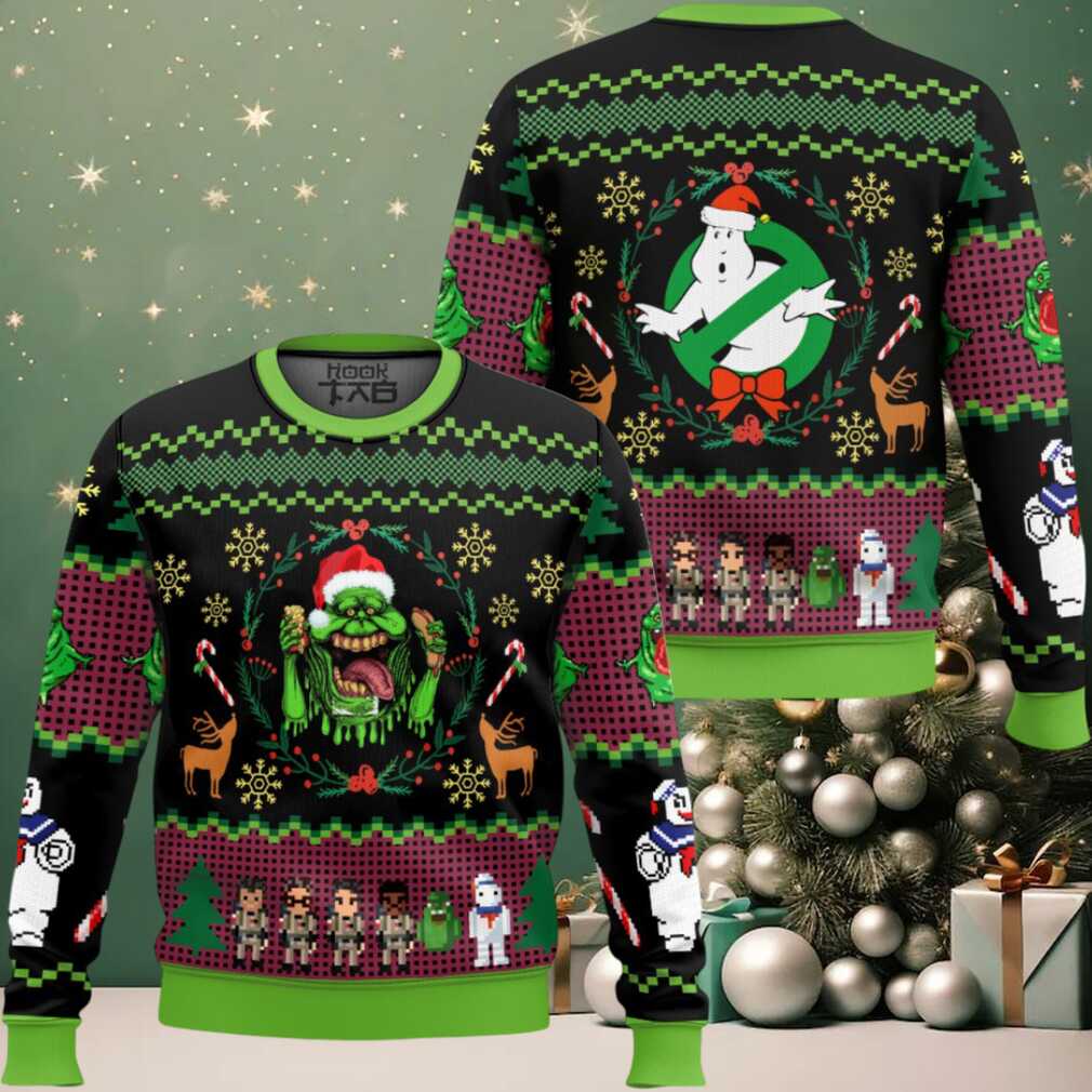 Bustin Slimer Christmas Ghostbusters Ugly Christmas Sweater, hoodie, sweater, long sleeve and tank top Bustin Slimer Christmas Ghostbusters Ugly Christmas Sweater front design