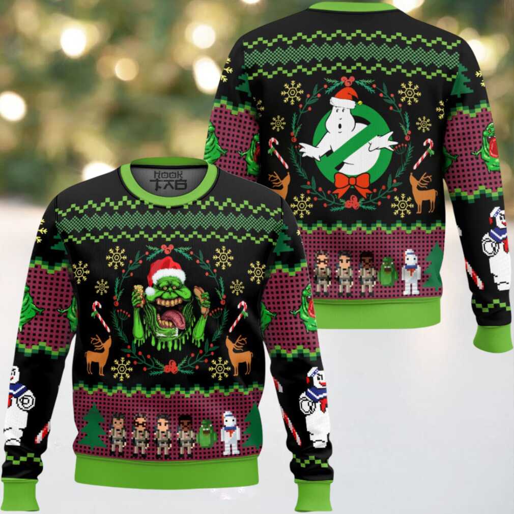 Bustin Slimer Christmas Ghostbusters Ugly Christmas Sweater, hoodie, sweater, long sleeve and tank top Bustin Slimer Christmas Ghostbusters Ugly Christmas Sweater back design