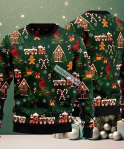 Cardinal And Gingerbread House Ugly Christmas Sweater Plus Size Green