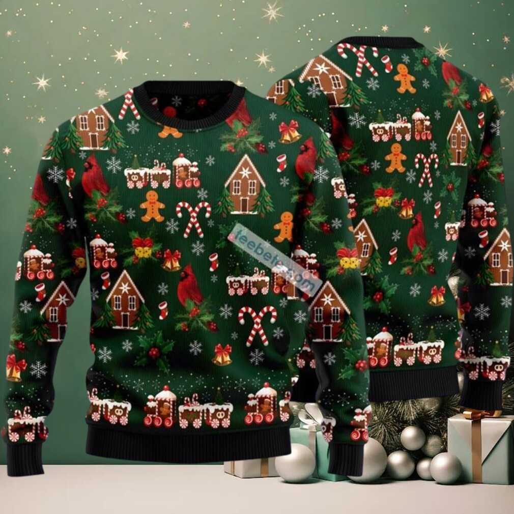 Cardinal And Gingerbread House Ugly Christmas Sweater Plus Size Green, hoodie, sweater, long sleeve and tank top Cardinal And Gingerbread House Ugly Christmas Sweater Plus Size Green
