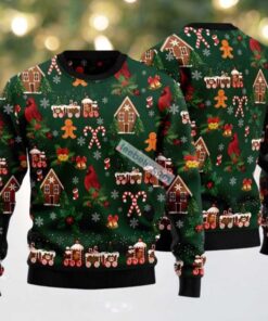 Cardinal And Gingerbread House Ugly Christmas Sweater Plus Size Green, hoodie, sweater, long sleeve and tank top Cardinal And Gingerbread House Ugly Christmas Sweater Plus Size Green