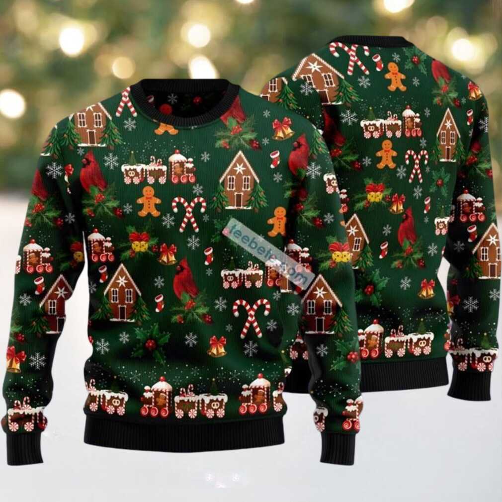 Cardinal And Gingerbread House Ugly Christmas Sweater Plus Size Green, hoodie, sweater, long sleeve and tank top Cardinal And Gingerbread House Ugly Christmas Sweater Plus Size Green