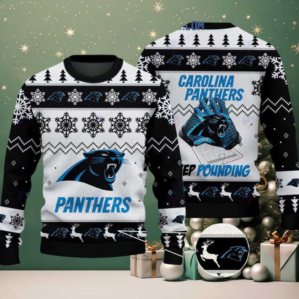 Carolina Panthers Keep Pounding Christmas Ugly Sweater, hoodie, sweater, long sleeve and tank top Carolina Panthers Keep Pounding Christmas Ugly Sweater - Front View displaying team logo and festive elements