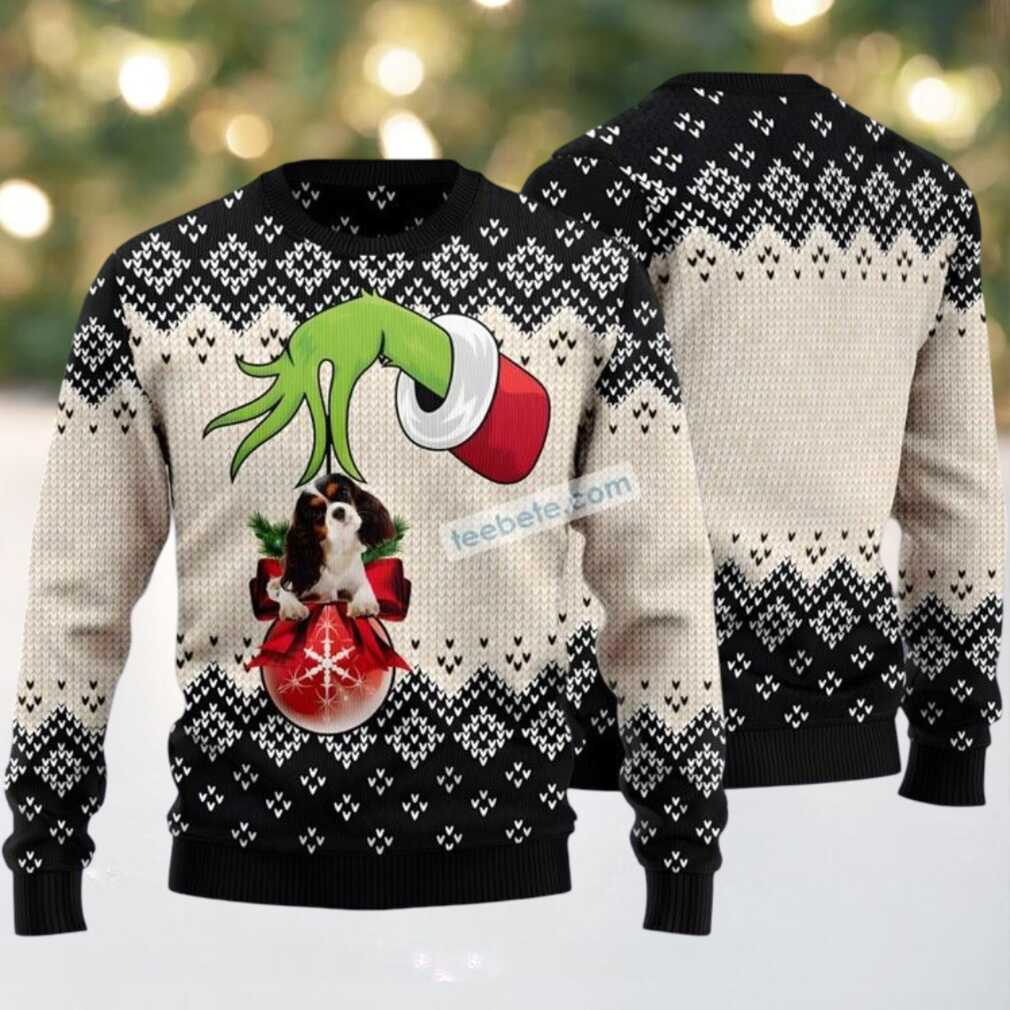 Cavalier King Charles Spaniel Grinch Ugly Christmas Sweater Black Best, hoodie, sweater, long sleeve and tank top Person wearing Cavalier King Charles Spaniel Grinch Ugly Christmas Sweater Black