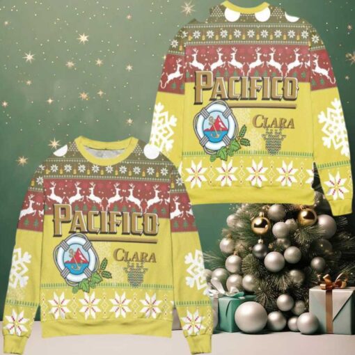 Cerveza Pacifico Clara Snowflake Reindeer Pattern Ugly Christmas Sweater Yellow