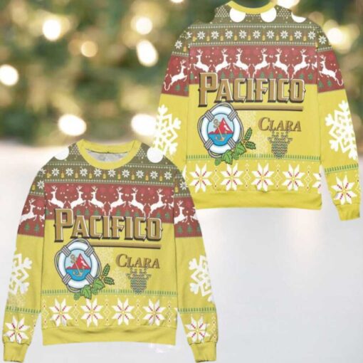 Cerveza Pacifico Clara Snowflake Reindeer Pattern Ugly Christmas Sweater Yellow
