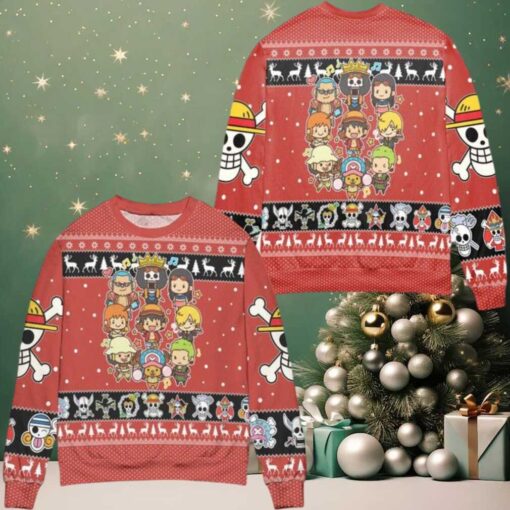 Chibi Version One Piece Snowflake Ugly Christmas Sweater Red