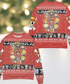 Chibi Version One Piece Snowflake Ugly Christmas Sweater Red