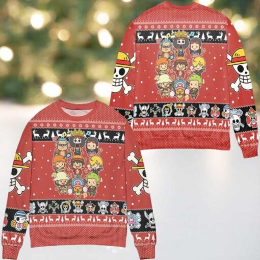 Chibi Version One Piece Snowflake Ugly Christmas Sweater Red