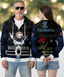 Chicago Bears Cool Reindeer Christmas Lights Ugly Zip Up Hoodie 3D Print