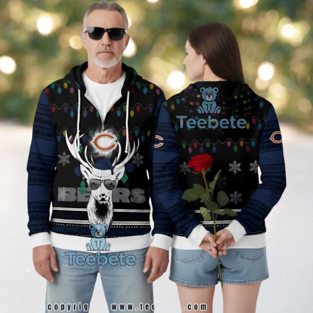Chicago Bears Cool Reindeer Christmas Lights Ugly Zip Up Hoodie 3D Print Chicago Bears Cool Reindeer Christmas Lights Ugly Zip Up Hoodie 3D Print