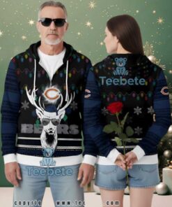 Chicago Bears Cool Reindeer Christmas Lights Ugly Zip Up Hoodie 3D Print, hoodie, sweater, long sleeve and tank top Chicago Bears Cool Reindeer Christmas Lights Ugly Zip Up Hoodie 3D Print