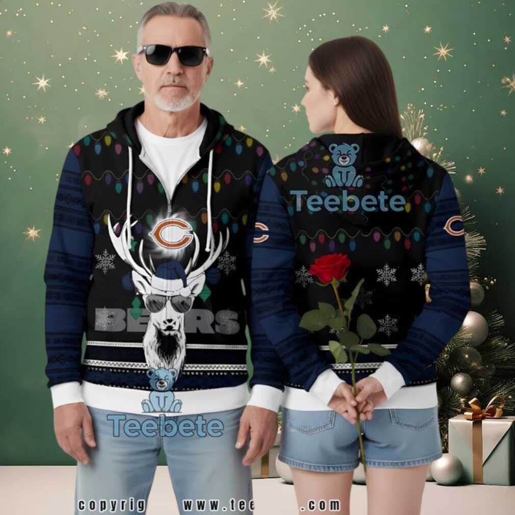 Chicago Bears Cool Reindeer Christmas Lights Ugly Zip Up Hoodie 3D Print Chicago Bears Cool Reindeer Christmas Lights Ugly Zip Up Hoodie 3D Print