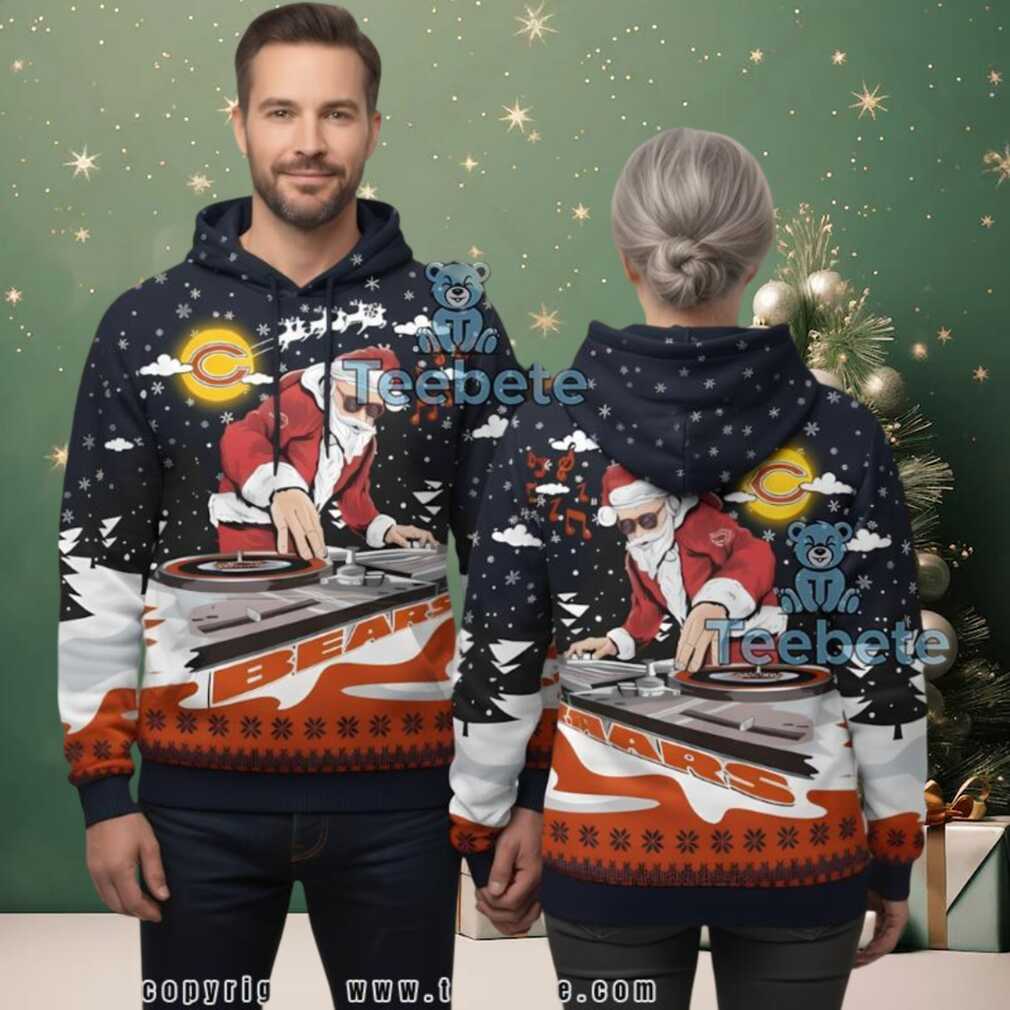 Chicago Bears Dj Santa Claus Ugly Christmas 3D Print Hoodie, hoodie, sweater, long sleeve and tank top Person wearing Chicago Bears DJ Santa Claus Ugly Christmas 3D Print Hoodie at a festive event