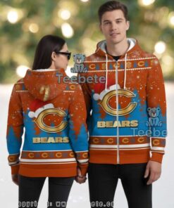 Chicago Bears Gold Logo Santa Hat Ugly Christmas 3D Zip Up Hoodie Chicago Bears Gold Logo Santa Hat Ugly Christmas 3D Zip Up Hoodie