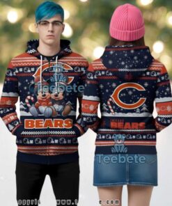 Chicago Bears Mickey Minnie Mouse Ugly Christmas 3D Zip Up Hoodie