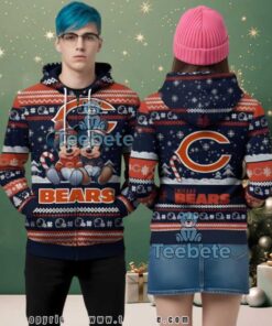 Chicago Bears Mickey Minnie Mouse Ugly Christmas 3D Zip Up Hoodie