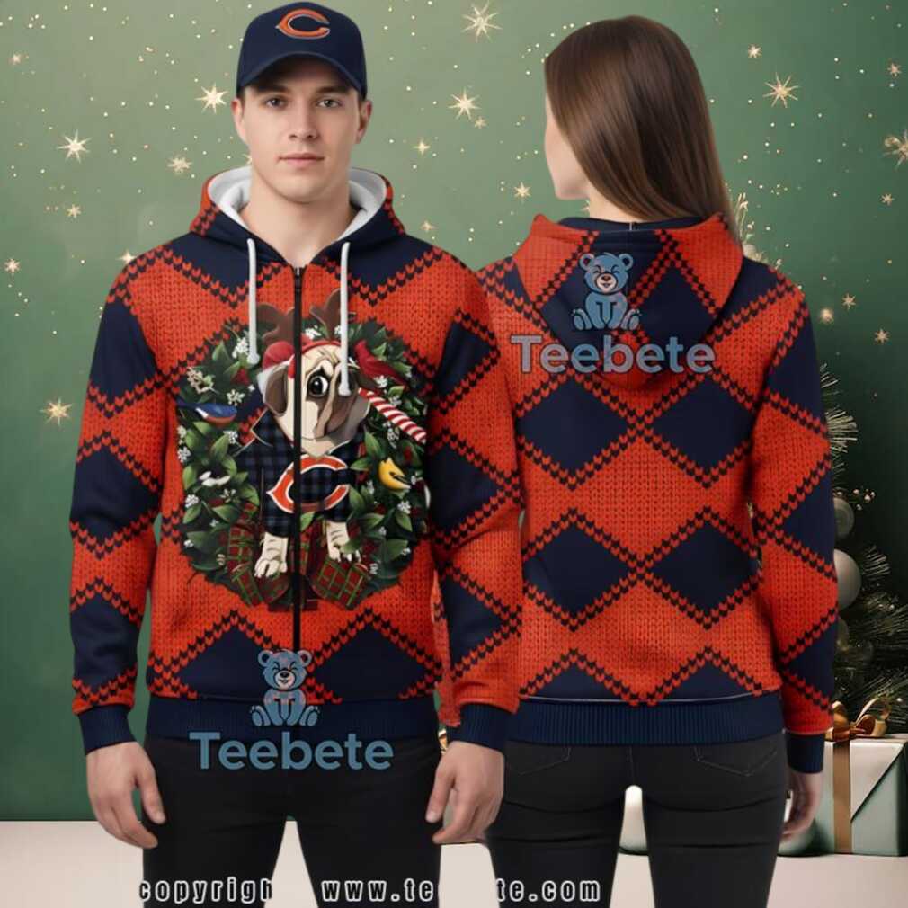 Chicago Bears Pug Dog Christmas Wreath Ugly 3D Hoodie Chicago Bears Pug Dog Christmas Wreath Ugly 3D Hoodie