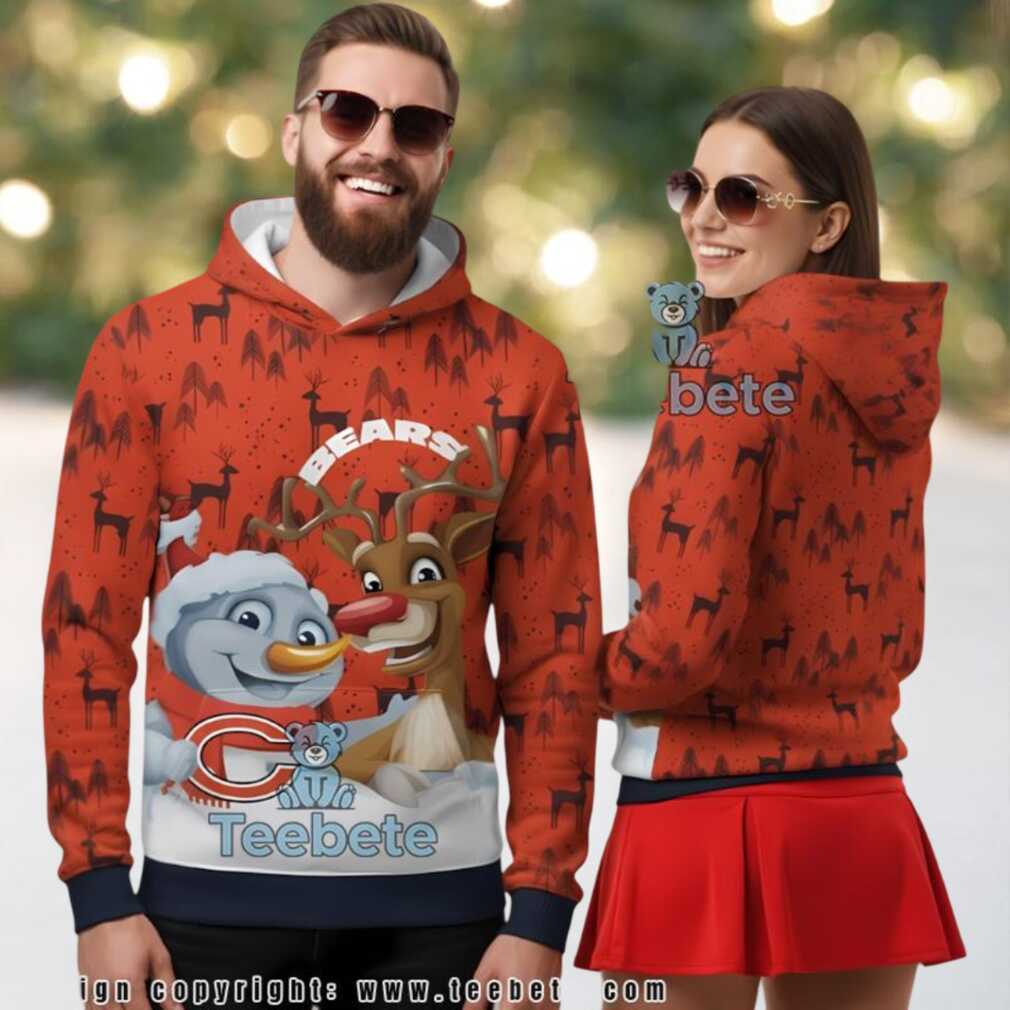 Chicago Bears Reindeer Snowman Ugly Christmas 3D Hoodie, hoodie, sweater, long sleeve and tank top Chicago Bears Reindeer Snowman Ugly Christmas 3D Hoodie front view