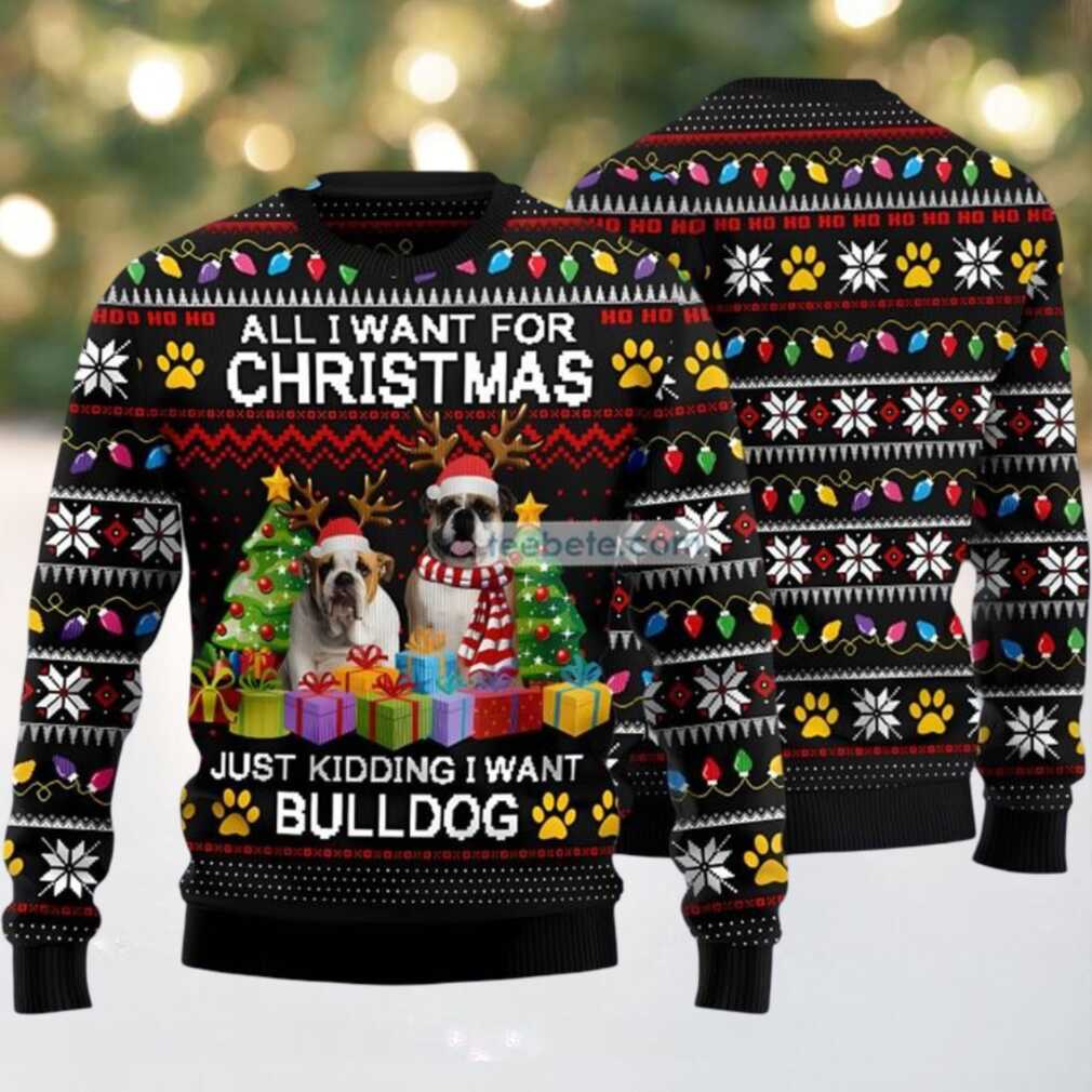 Christmas For Bulldog Ugly Christmas Sweater Ugliest Black, hoodie, sweater, long sleeve and tank top Person wearing Bulldog Ugly Christmas Sweater in Ugliest Black