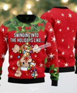 Christmas Wreath Monkey Swing Ugly Christmas Sweater Friends Red, hoodie, sweater, long sleeve and tank top Christmas Wreath Monkey Swing Ugly Christmas Sweater Friends Red