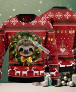 Christmas Wreath Slothmas Face Ugly Sweaters For Christmas Red