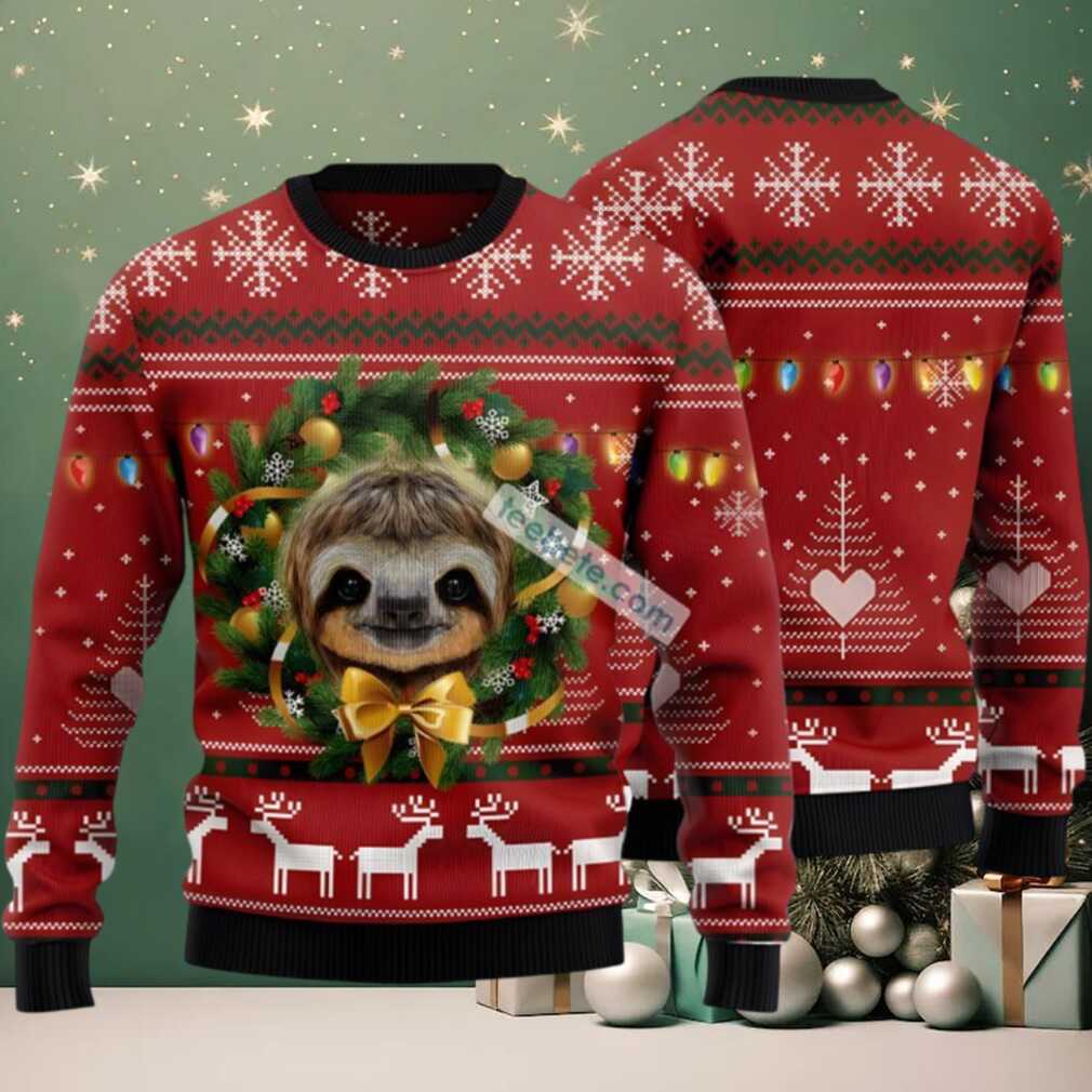 Christmas Wreath Slothmas Face Ugly Sweaters For Christmas Red, hoodie, sweater, long sleeve and tank top Christmas Wreath Slothmas Face Ugly Sweater front view