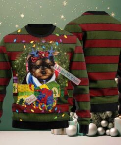 Christmas Wreath Yorkshire Terrier Face Ugly Christmas Sweater Green Ugliest