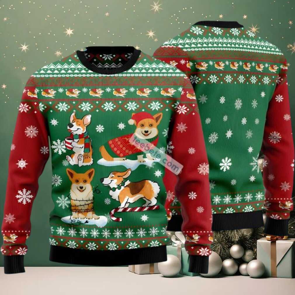 Corgi Snow Day Ugly Xmas Sweater Party Green Red, hoodie, sweater, long sleeve and tank top Corgi Snow Day Ugly Xmas Sweater Party Green Red