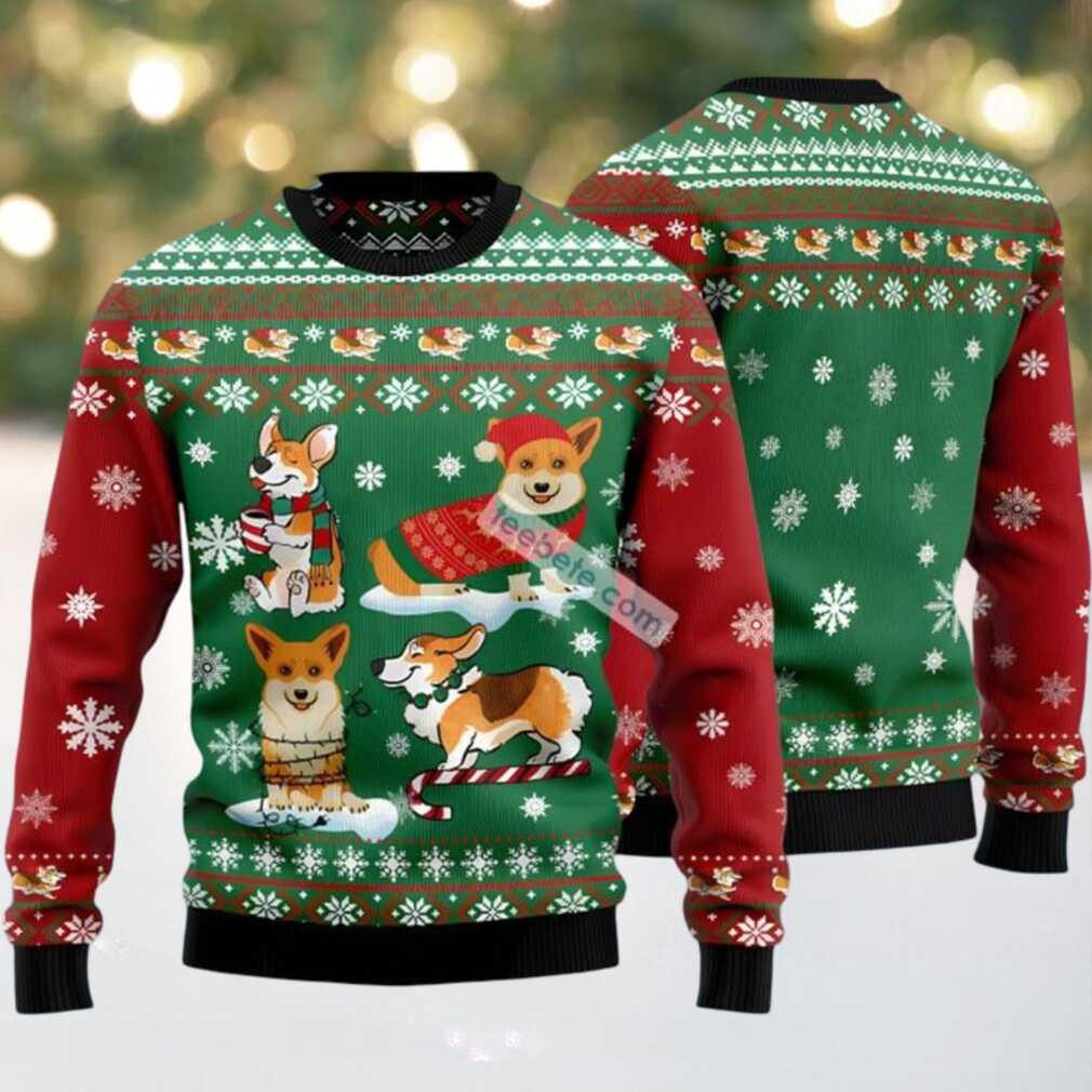 Corgi Snow Day Ugly Xmas Sweater Party Green Red, hoodie, sweater, long sleeve and tank top Corgi Snow Day Ugly Xmas Sweater Party Green Red