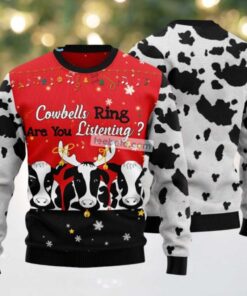 Cow Bell Rings Are You Listening Ugly Christmas Sweater Friends, hoodie, sweater, long sleeve and tank top Cow Bell Rings Are You Listening Ugly Christmas Sweater Friends